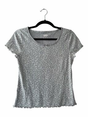 SO Girl’s Gray Short Sleeve Ribbed Tee Ditsy Floral T Shirt Size XL 14/16
